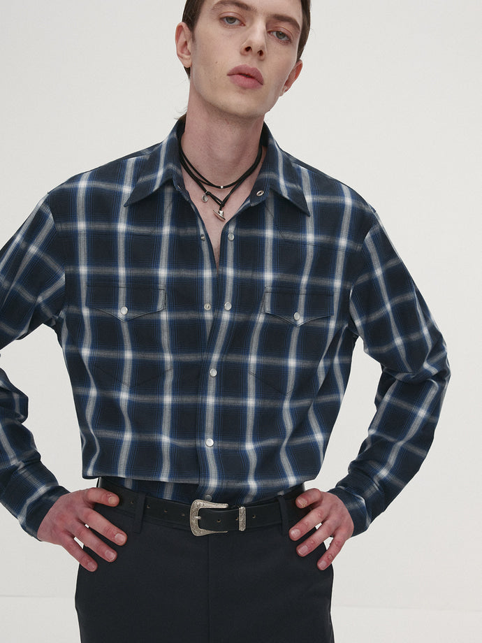 Tonywack - Checked Cotton Western Shirt Japanese Fabric (Navy/White) product image 1 | TRAB K-Fashion Australia