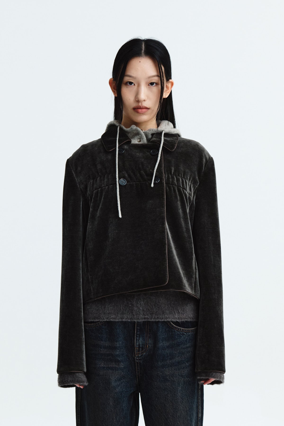 Matin Kim - Velvet Double Crop Jacket (Khaki Brown) product image 10 | TRAB K-Fashion Australia