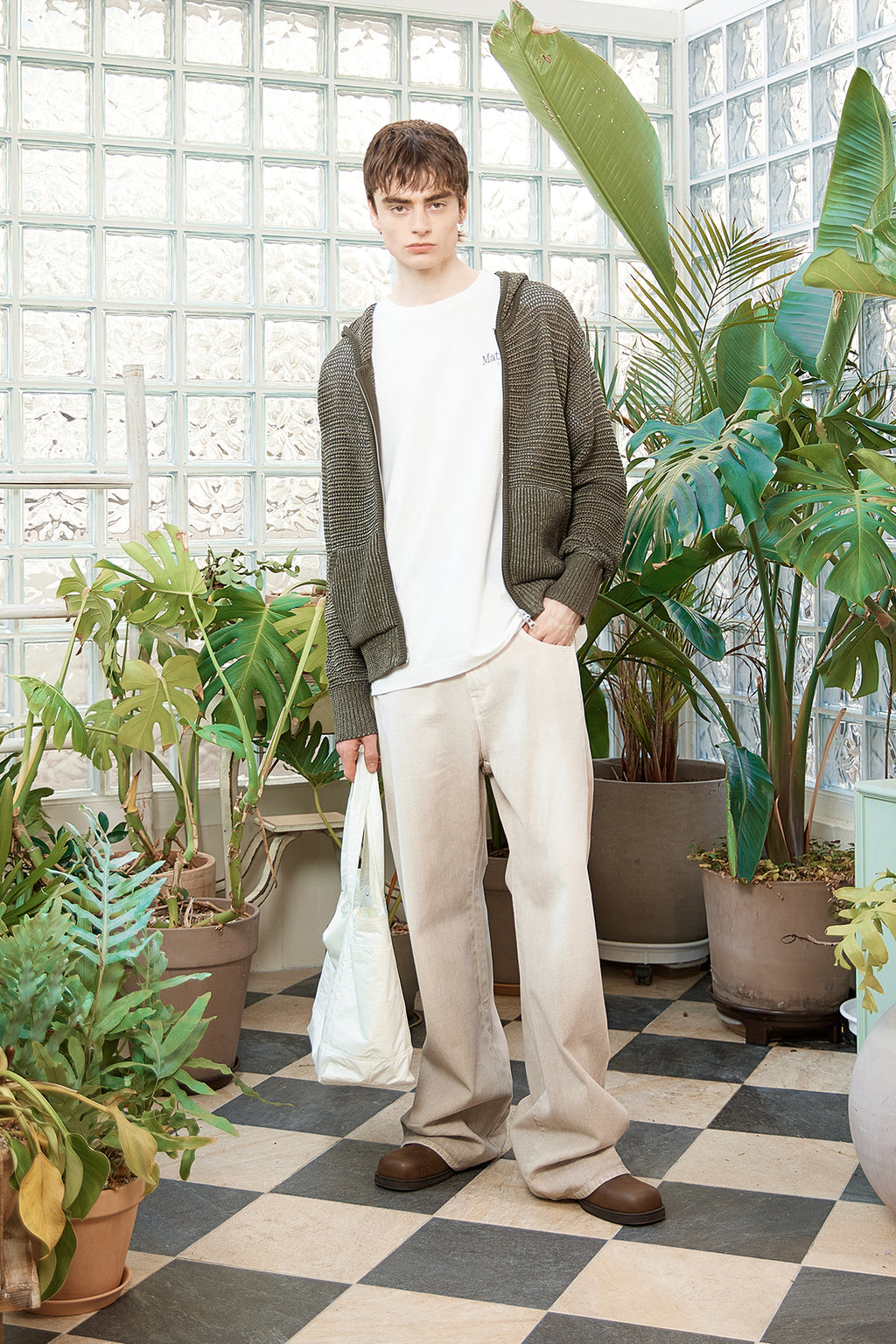 Matin Kim - Two Tone Mesh Knit Hoody Zip Up (Khaki) product image 16 | TRAB K-Fashion Australia