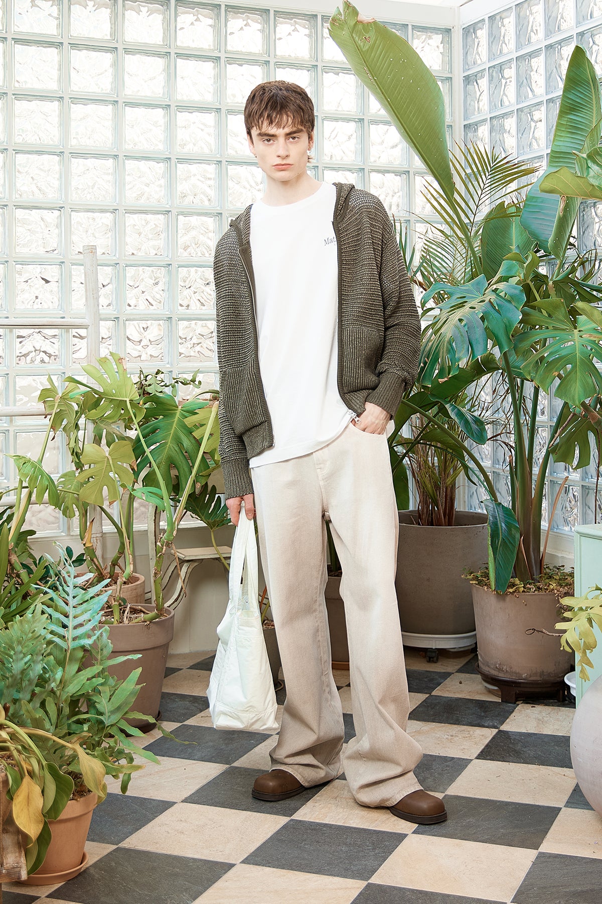 Matin Kim - Two Tone Mesh Knit Hoody Zip Up (Khaki) product image 16 | TRAB K-Fashion Australia