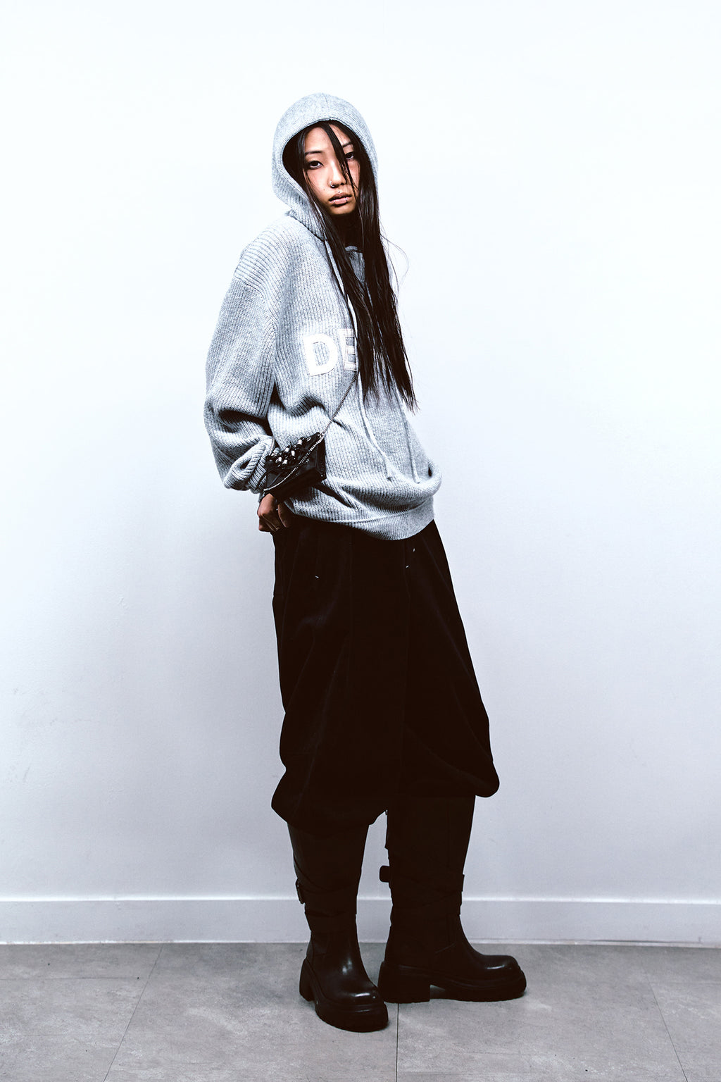 Deinet - Basic Logo Knit Hoodie (Melange Grey) product image 4 | TRAB K-Fashion Australia