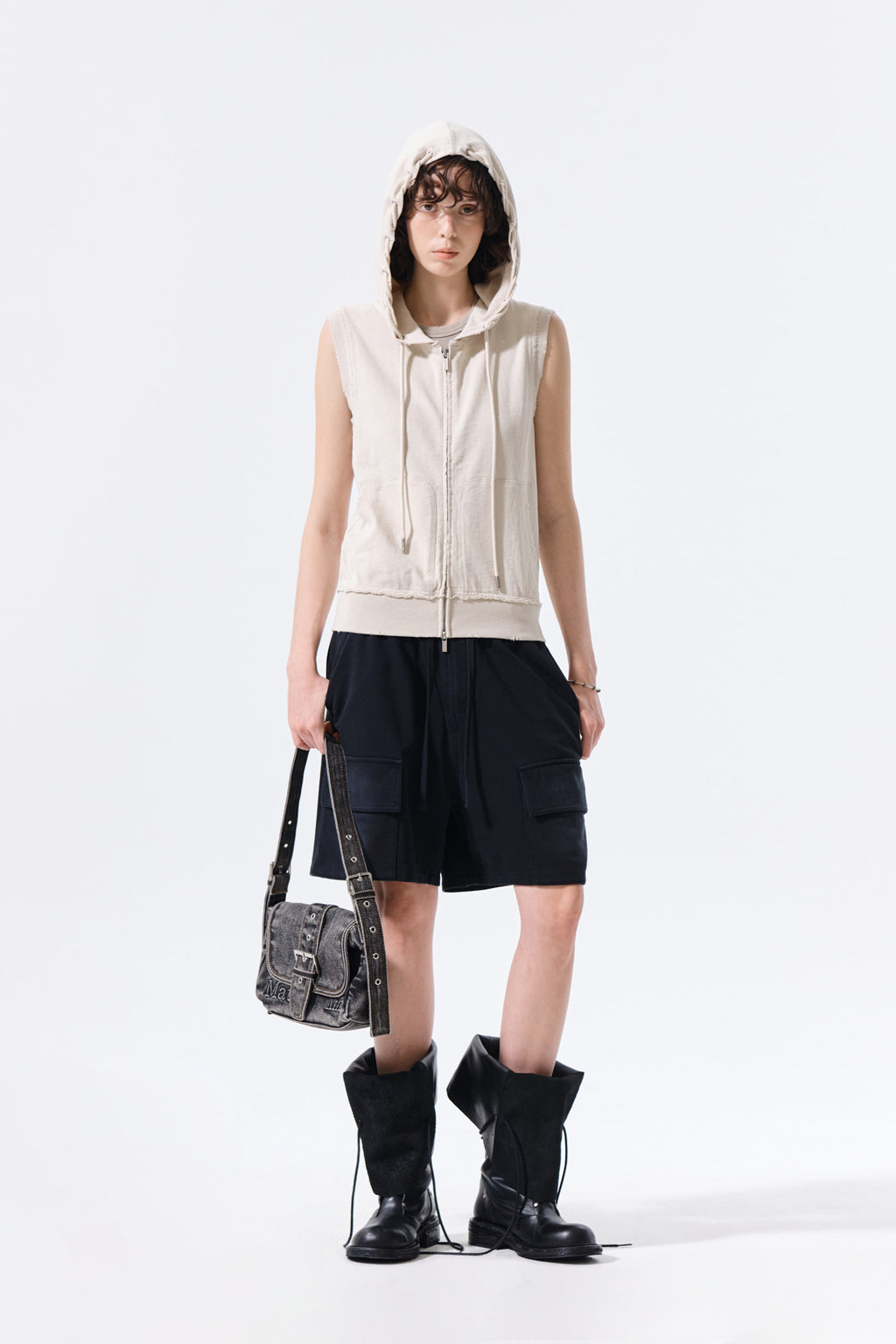 Matin Kim - Back Logo Jersey Hood Vest (Beige) product image 10 | TRAB K-Fashion Australia