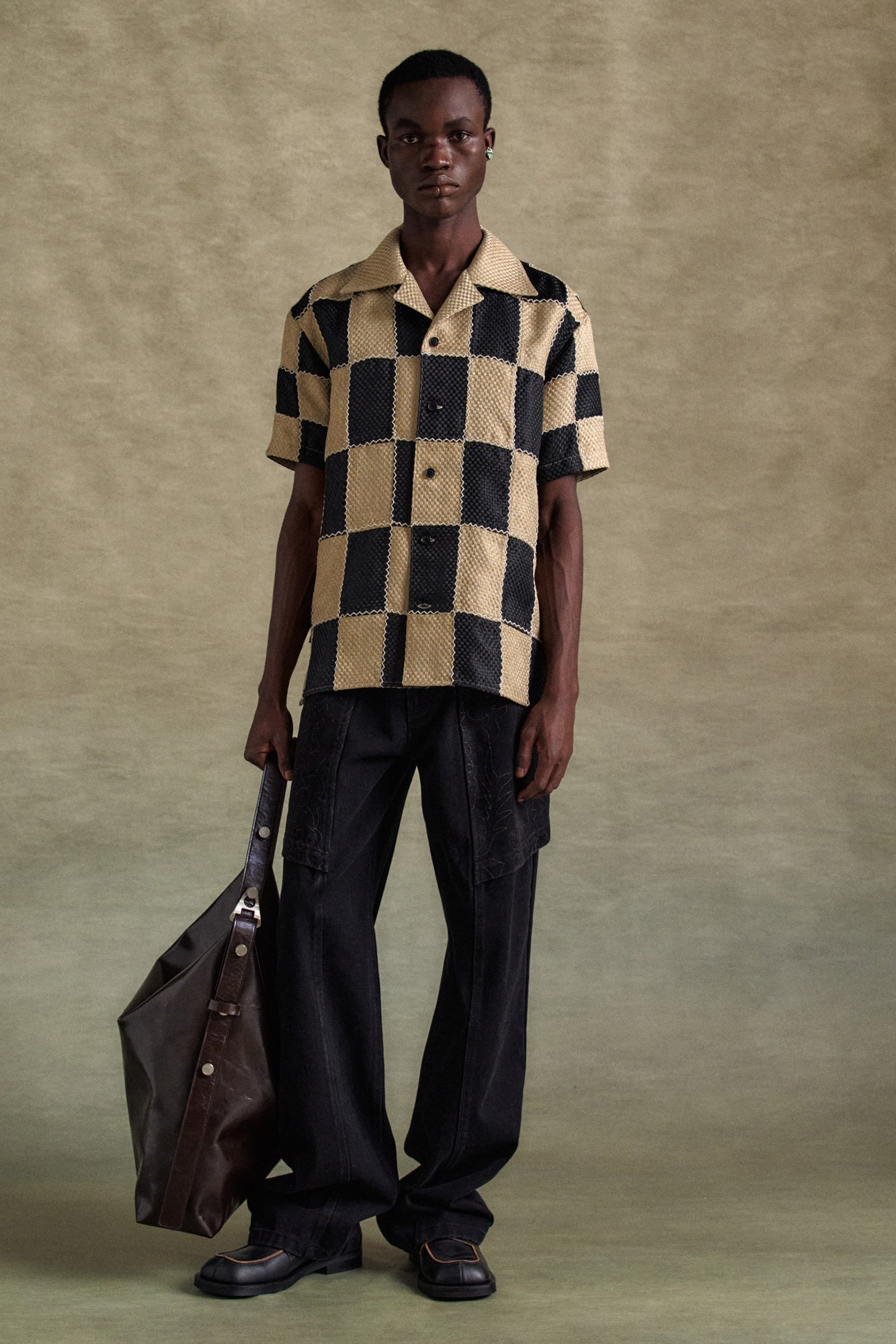 Andersson Bell - Patchwork Open Collar Shirts (Black/Beige) product image 2 | TRAB K-Fashion Australia