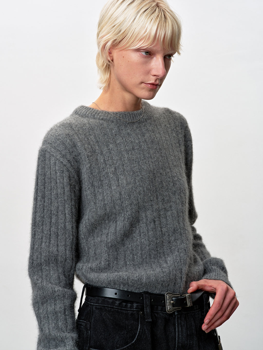 Tonywack - Superfine Merino Wool Tube Scarf Attaced Ribbed Sweater (Melange Grey) product image 5 | TRAB K-Fashion Australia