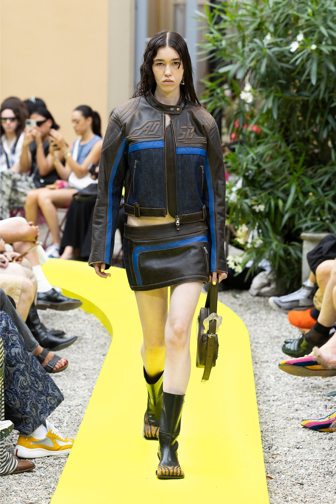 Andersson Bell - Denim Combo Racing Leather Skirts (Brown) product image 1 | TRAB K-Fashion Australia