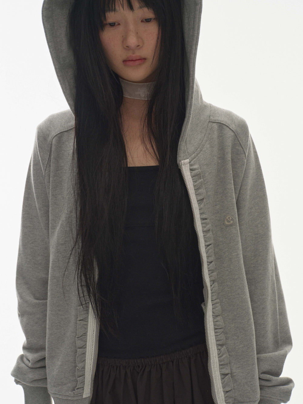 Coyseio - Ruffle Lace Hood Zip-Up (Melange Grey) product image 5 | TRAB K-Fashion Australia