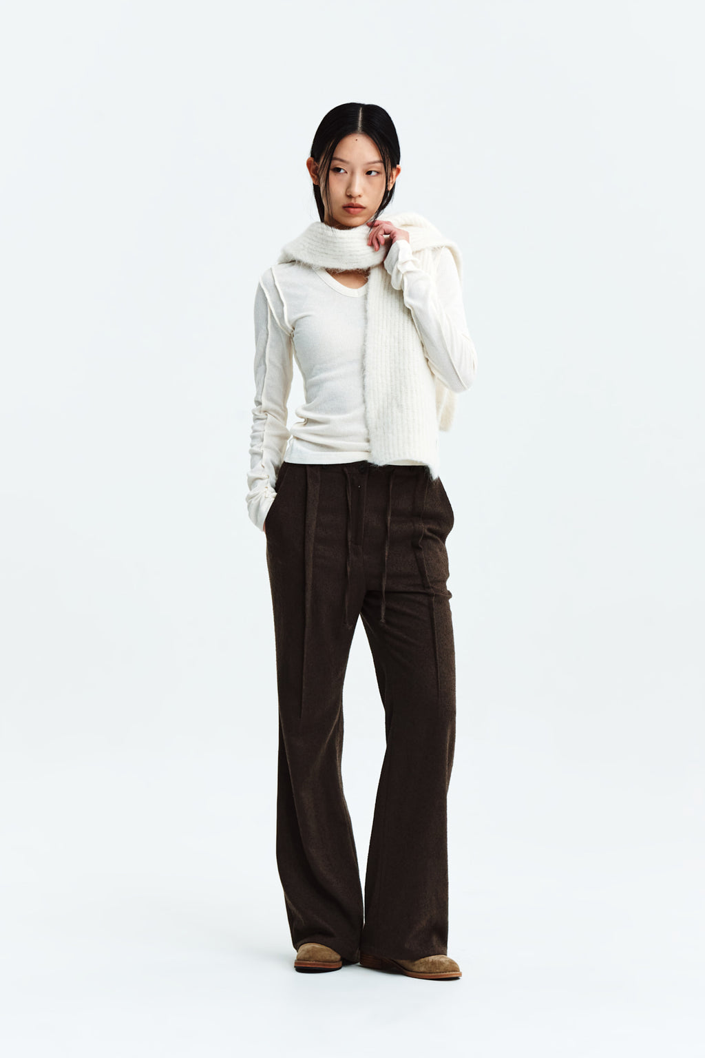 Matin Kim - Waist Button Point String Slim Pants (Brown) product image 9 | TRAB K-Fashion Australia
