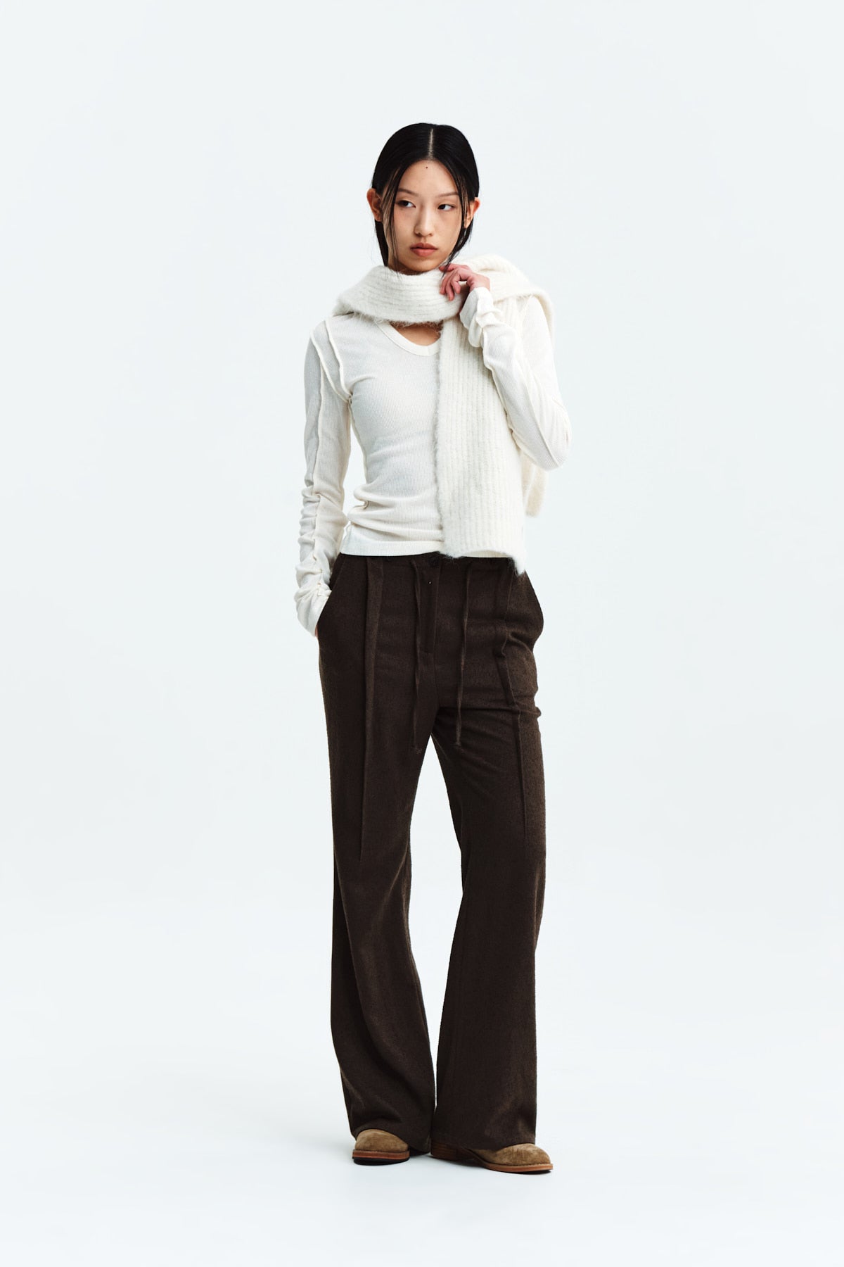 Matin Kim - Waist Button Point String Slim Pants (Brown) product image 9 | TRAB K-Fashion Australia