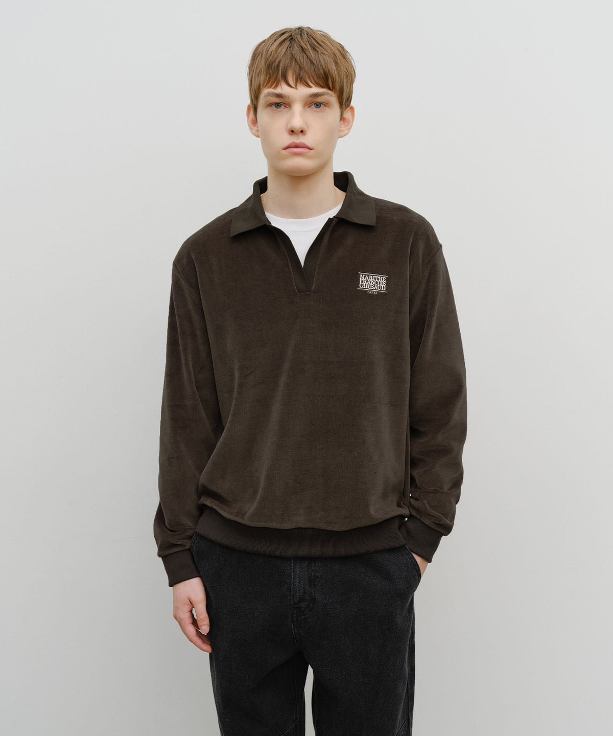 Marithe & Francois Girbaud - Classic Logo Collared Velour Sweatshirt (Brown) product image 1 | TRAB K-Fashion Australia