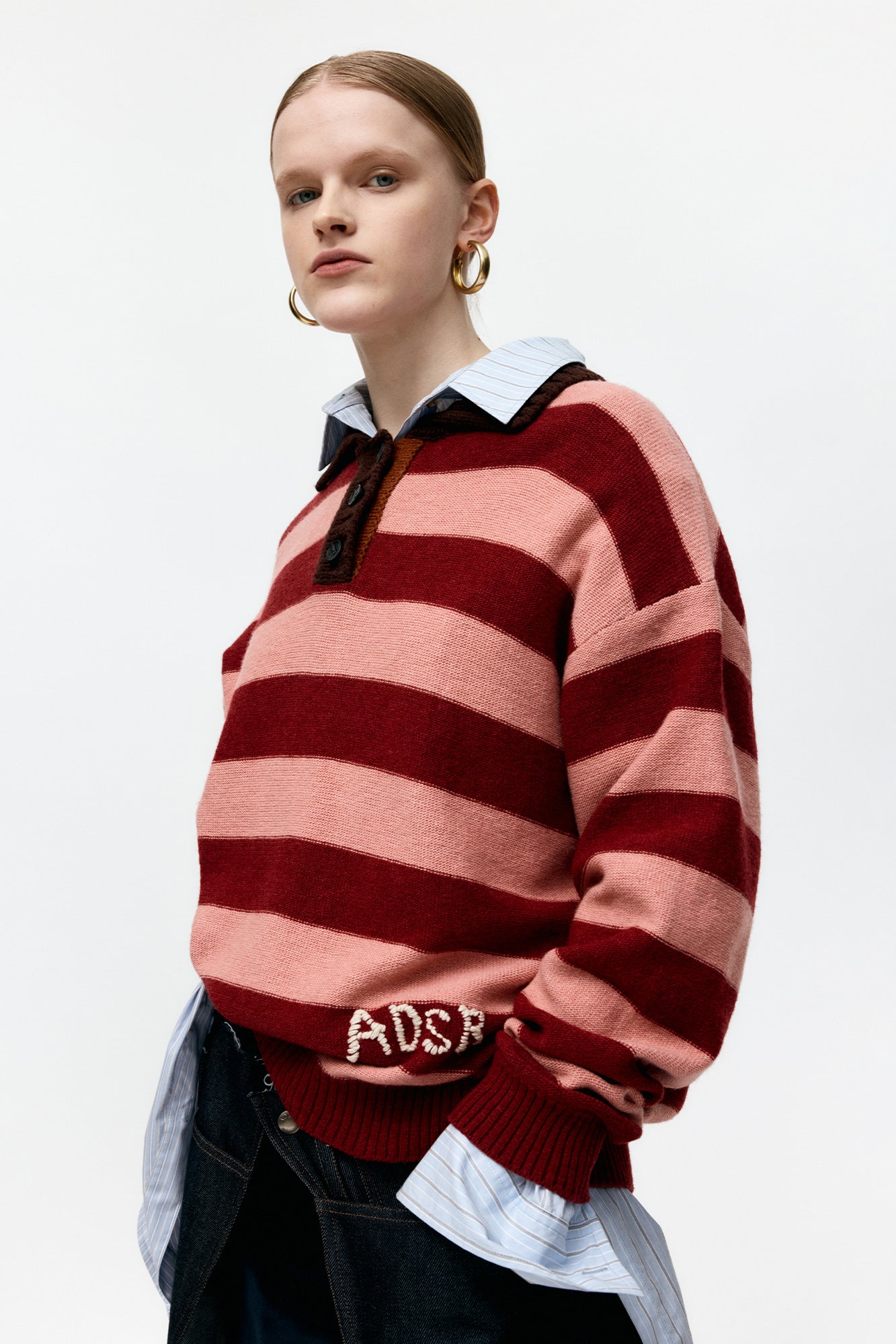 Andersson Bell - Loose-Fit Stripe Collar Sweater (Pink/Red Wine) product image 4 | TRAB K-Fashion Australia