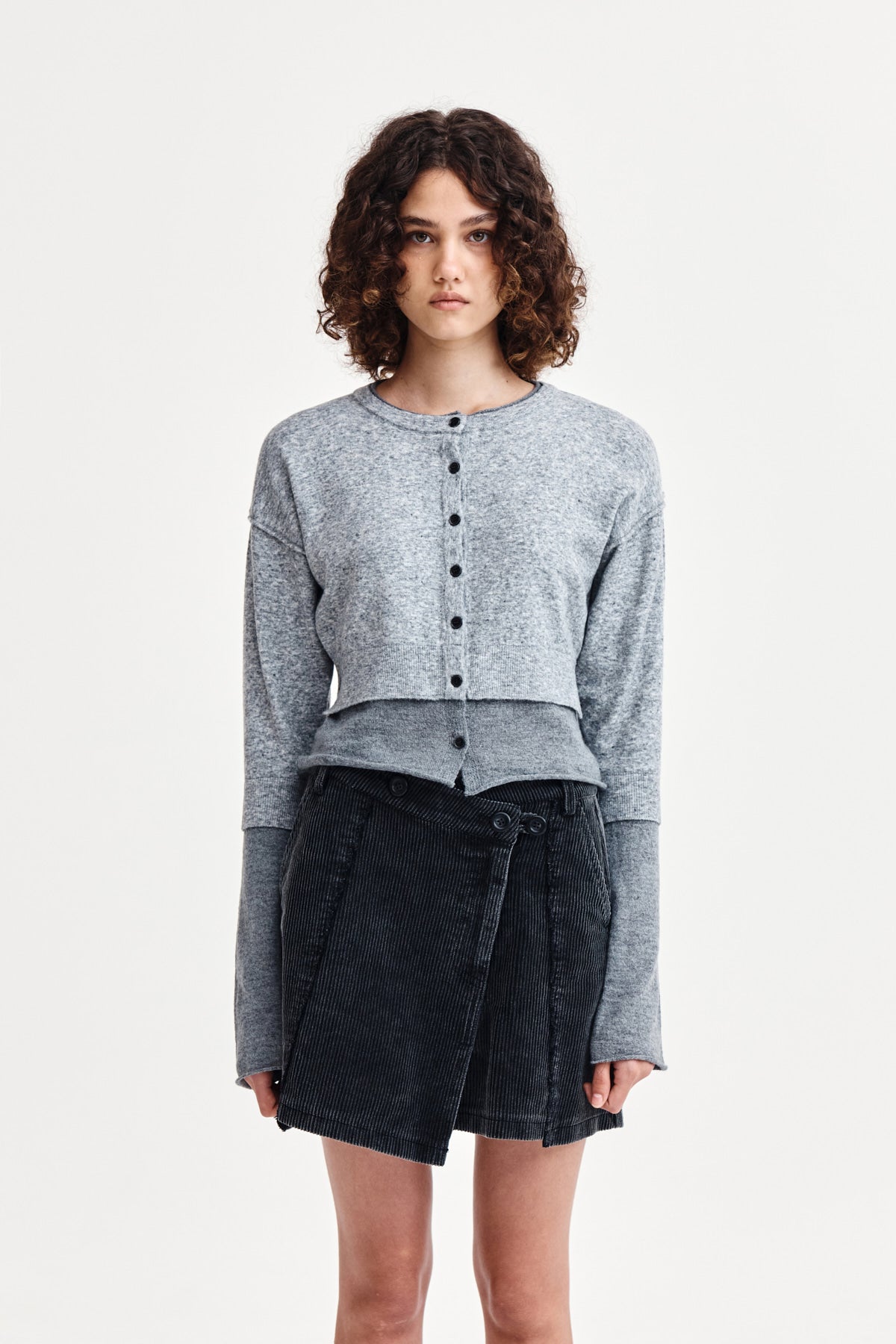 Matin Kim - Layered Texture Knit Cardigan (Grey) product image 5 | TRAB K-Fashion Australia