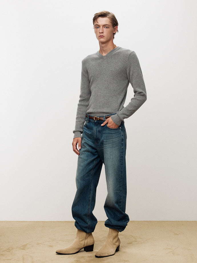 Tonywack - Super Fine Wool Ribbed V-Neck Sweater (Melange Grey) product image 2 | TRAB K-Fashion Australia