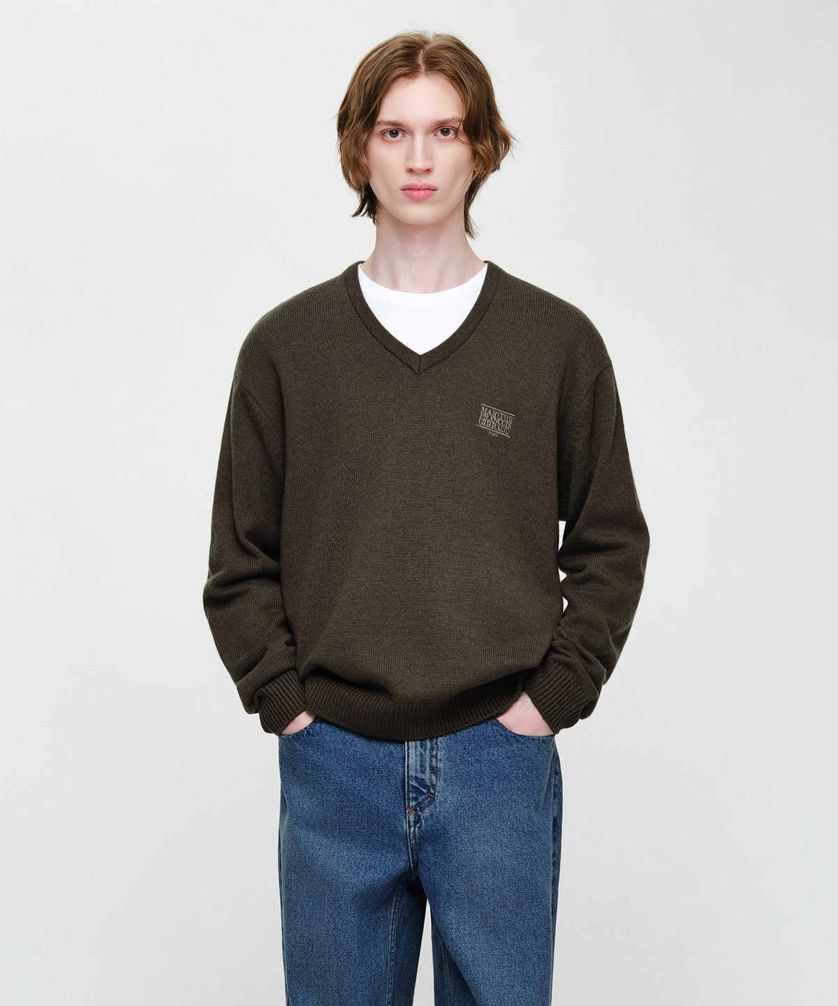 Marithe & Francois Girbaud - Small Classic Logo Oversized V-neck Knit Pullover (Dark Brown) product image 1 | TRAB K-Fashion Australia