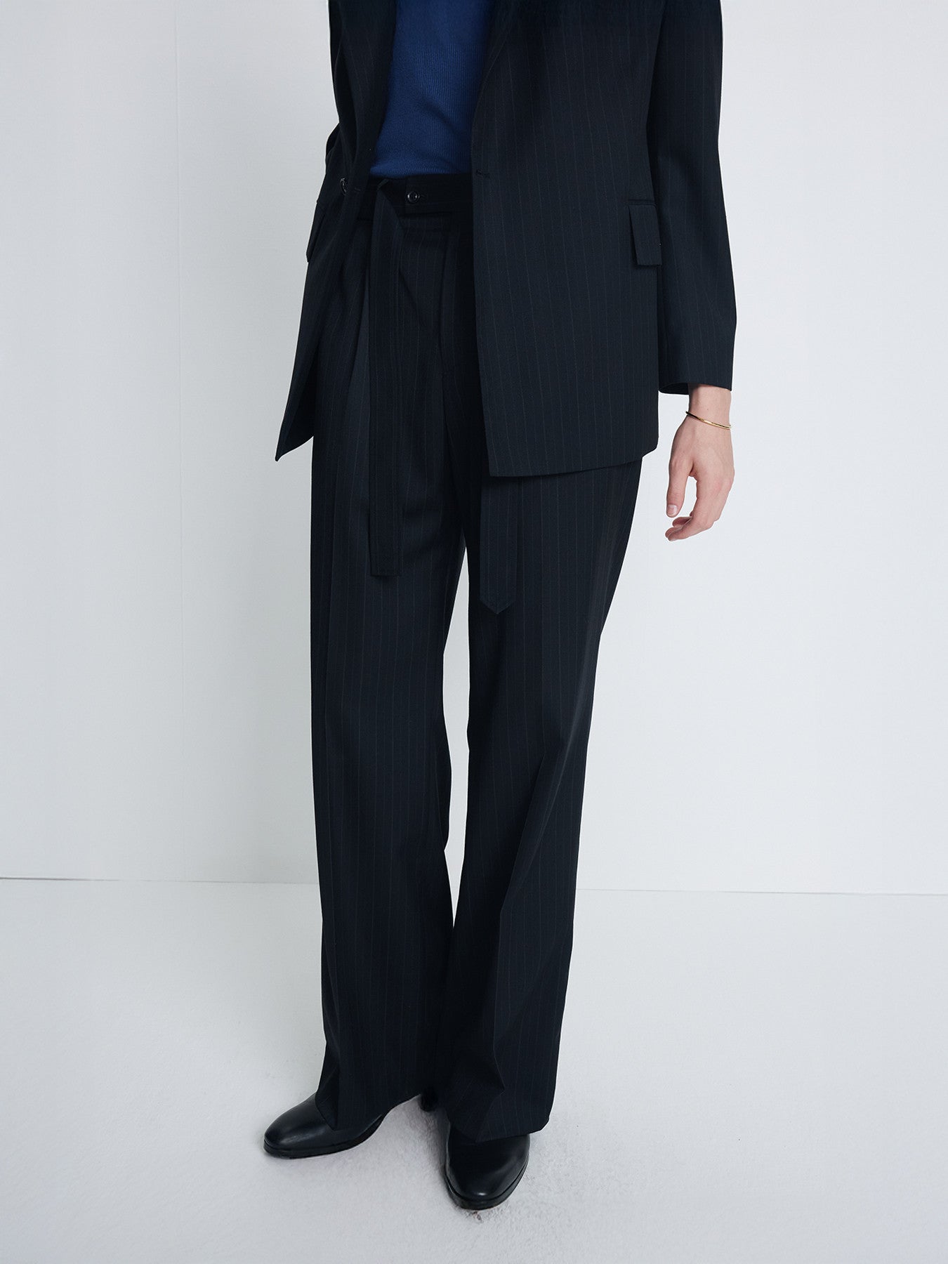 Tonywack - Pinstriped Wool Belted Trousers (Black Pinstripe) product image 1 | TRAB K-Fashion Australia