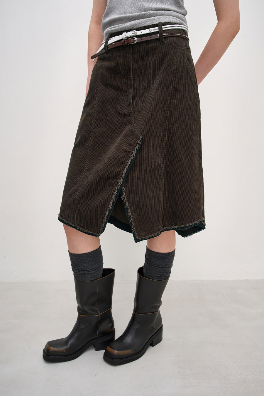 Insilence - Cut-Off Corduroy Skirt (Brown) product image 4 | TRAB K-Fashion Australia