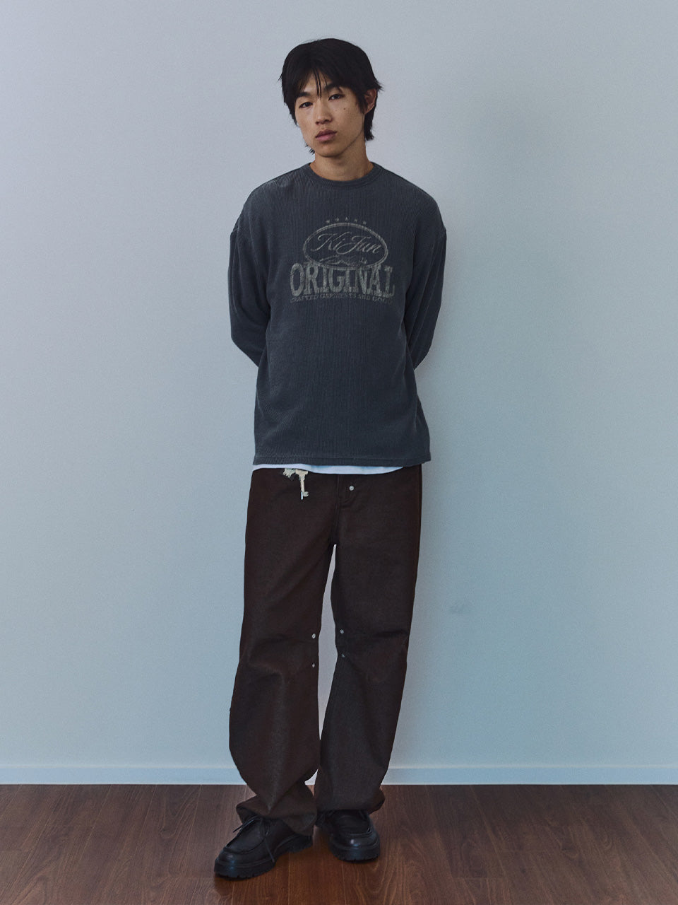 Kijun - Original Logo Waffle Long Sleeve Tee (Charcoal) product image 3 | TRAB K-Fashion Australia