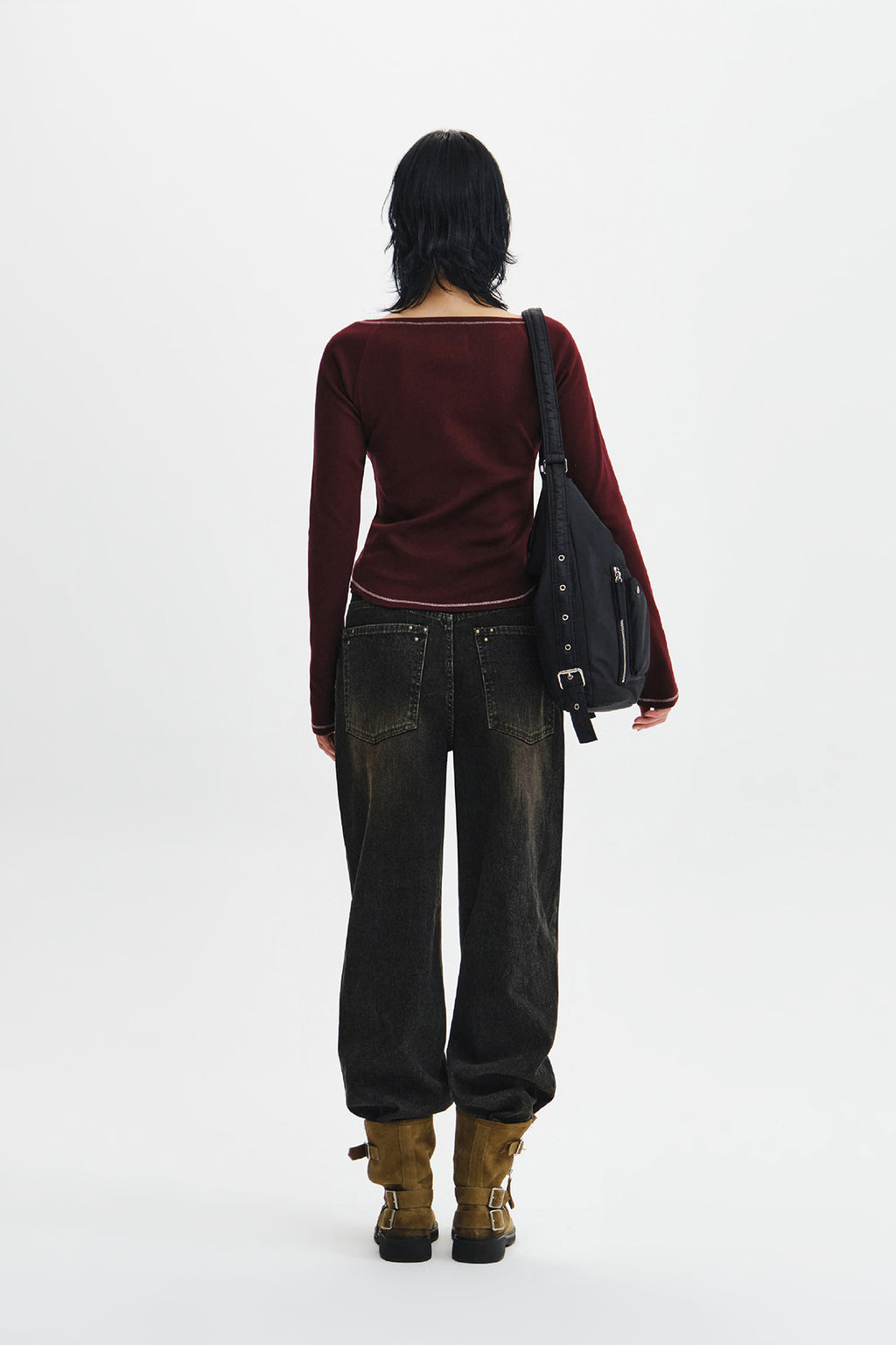 Matin Kim - Logo Applique Button Detail Raglan Top (Wine) product image 9 | TRAB K-Fashion Australia