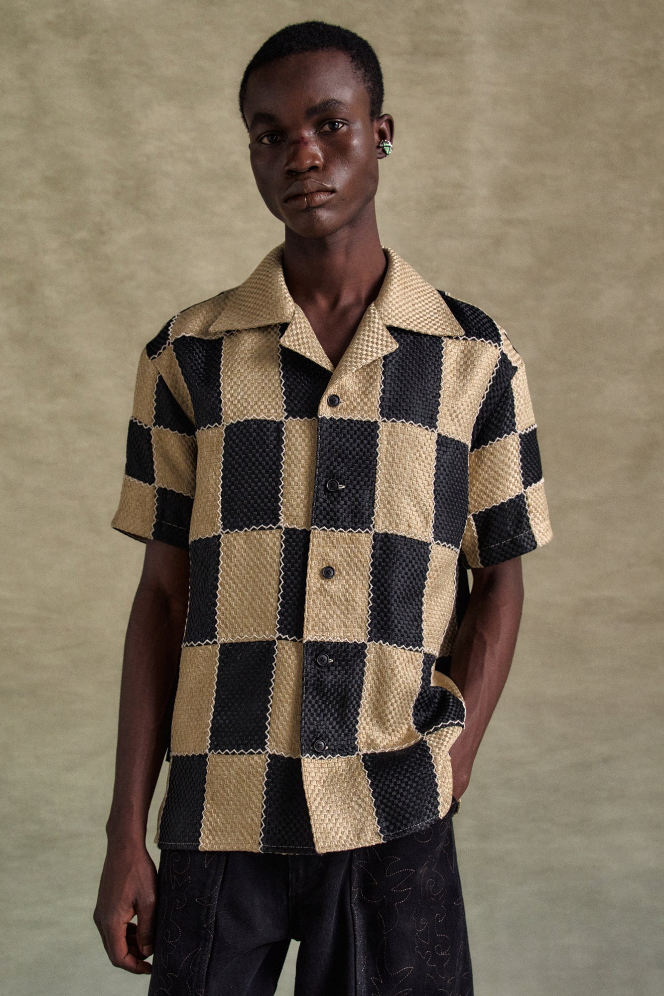 Andersson Bell - Patchwork Open Collar Shirts (Black/Beige) product image 9 | TRAB K-Fashion Australia
