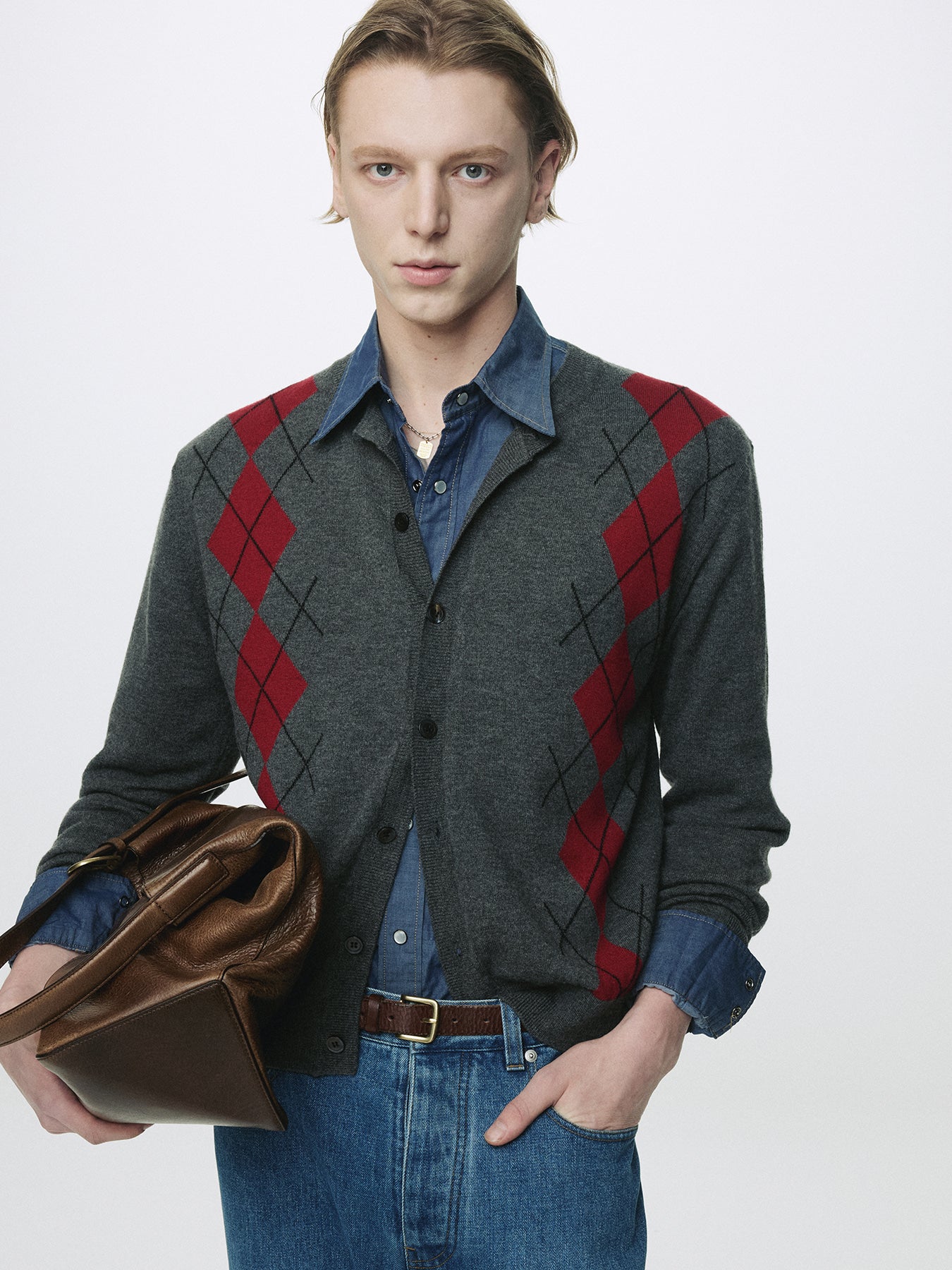 Tonywack - Merino Wool Argyle Cardigan (Grey/Red) product image 4 | TRAB K-Fashion Australia