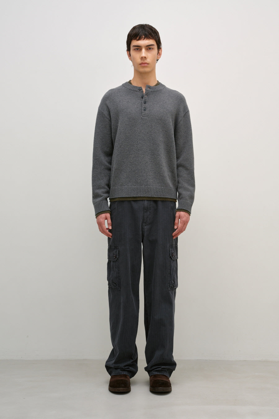 Insilence - Double-layered Henley Neck Knit (Grey) product image 2 | TRAB K-Fashion Australia
