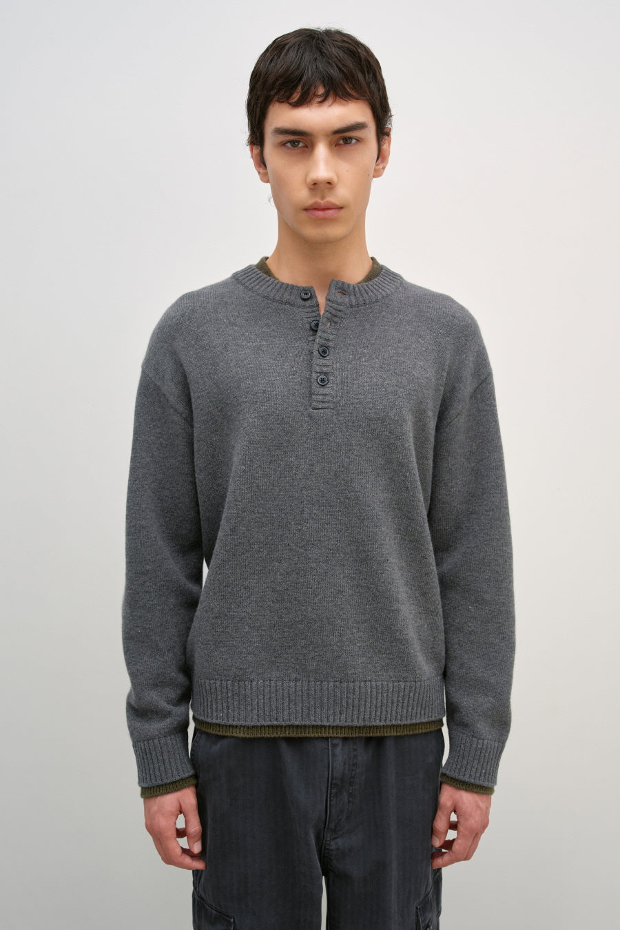 Insilence - Double-layered Henley Neck Knit (Grey) product image 1 | TRAB K-Fashion Australia