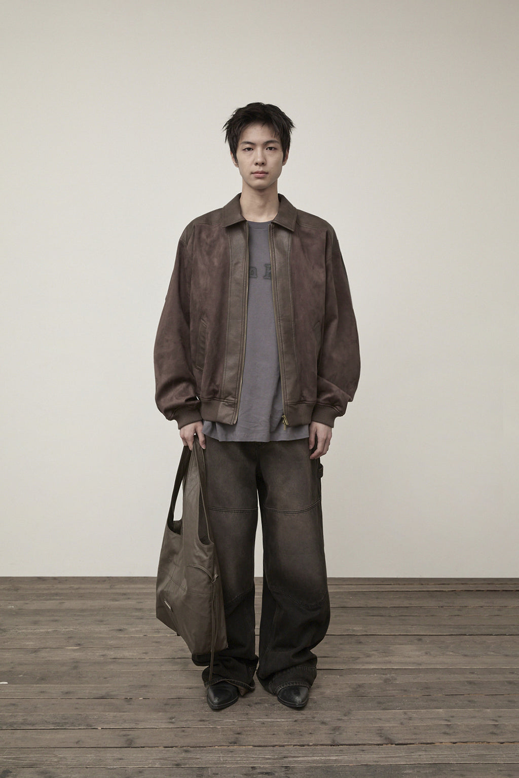 Matin Kim - Suede Mix Leather Zip Up Jumper (Brown) product image 5 | TRAB K-Fashion Australia