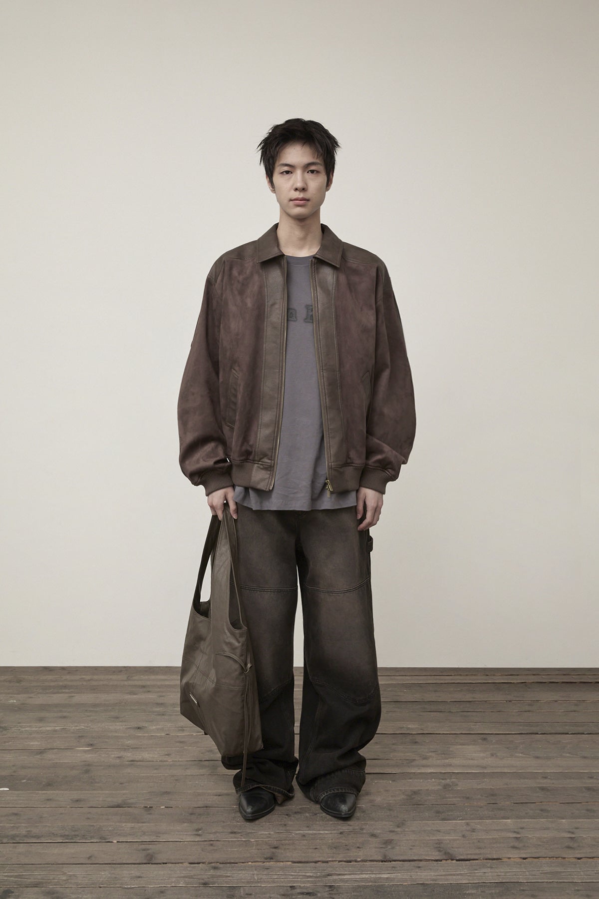 Matin Kim - Suede Mix Leather Zip Up Jumper (Brown) product image 5 | TRAB K-Fashion Australia