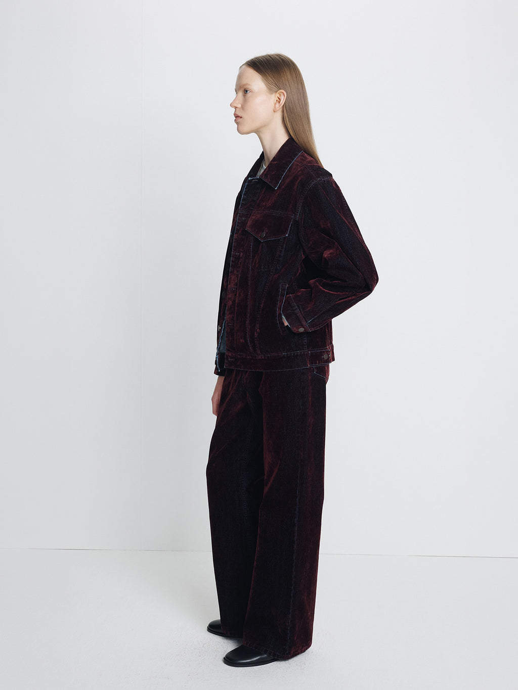 Tonywack - Flocked Denim Loose Flared Pants (Burgundy) product image 5 | TRAB K-Fashion Australia