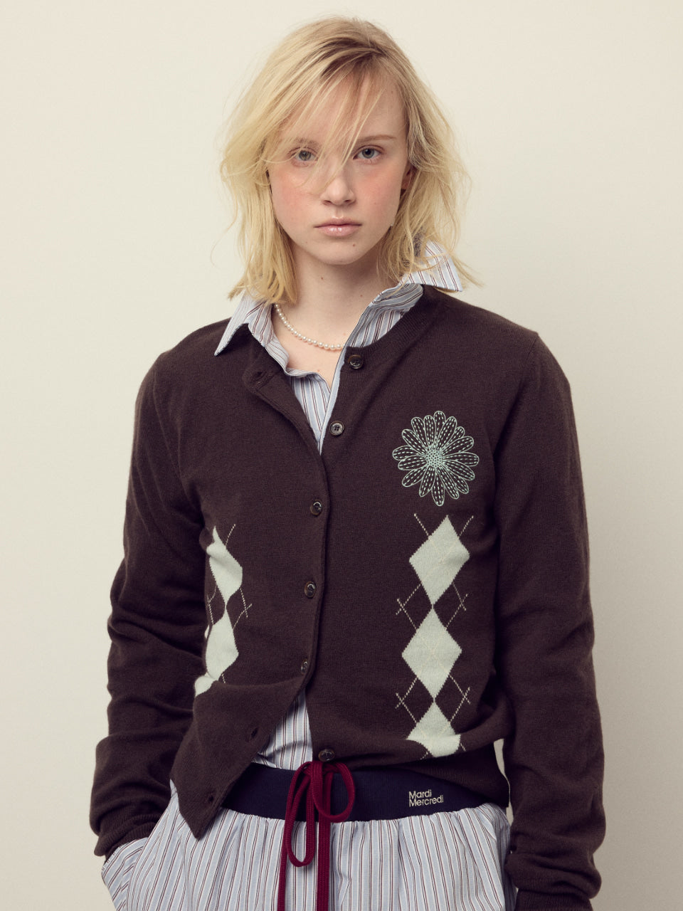 Mardi Mercredi - Cashmere Blended Cardigan Round Neck Argyle (Brown Mint) product image 1 | TRAB K-Fashion Australia