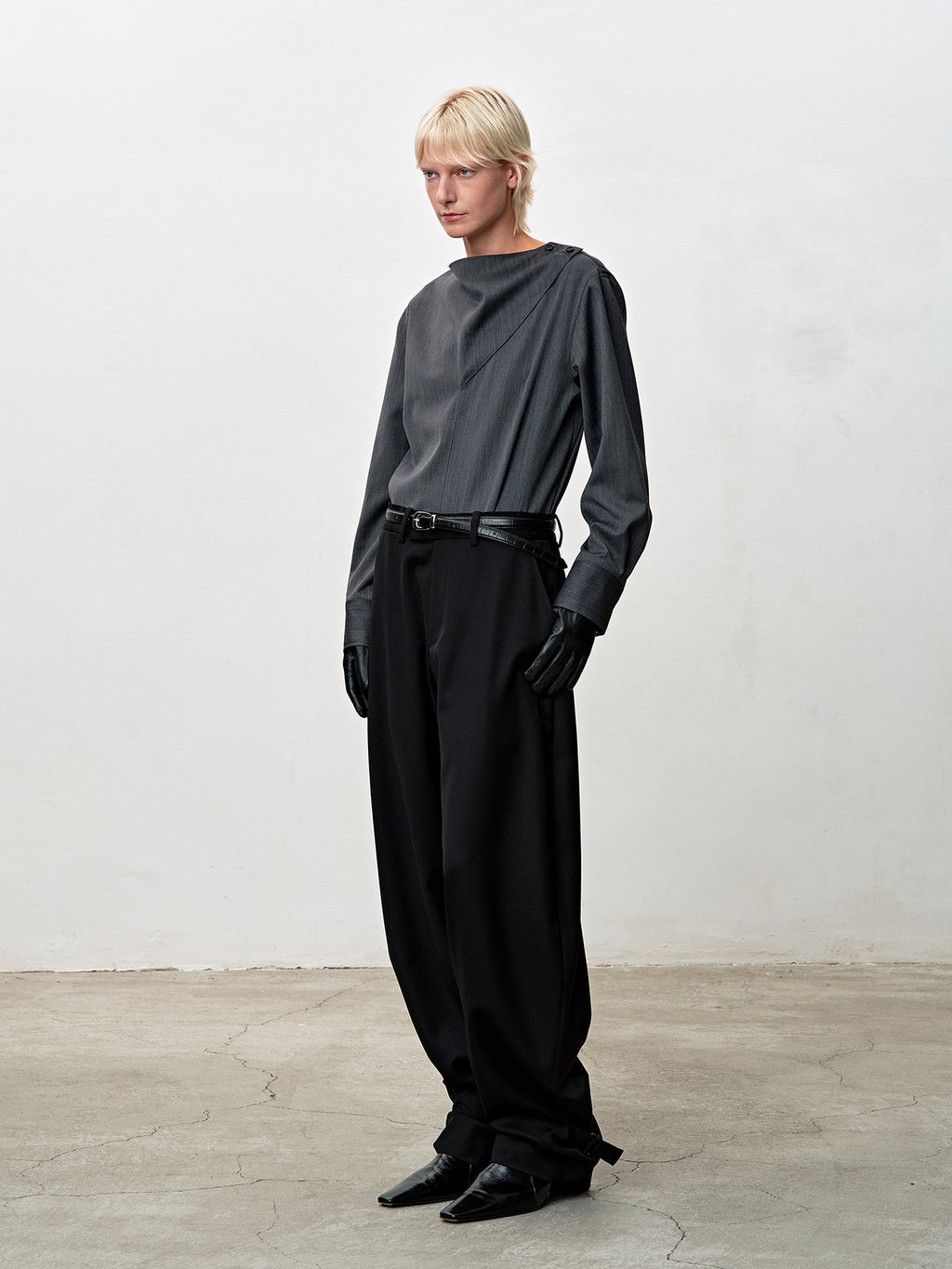 Tonywack - Herringbone Wool Cowl-Neck Blouse (Mid-Grey Herringbone) product image 2 | TRAB K-Fashion Australia