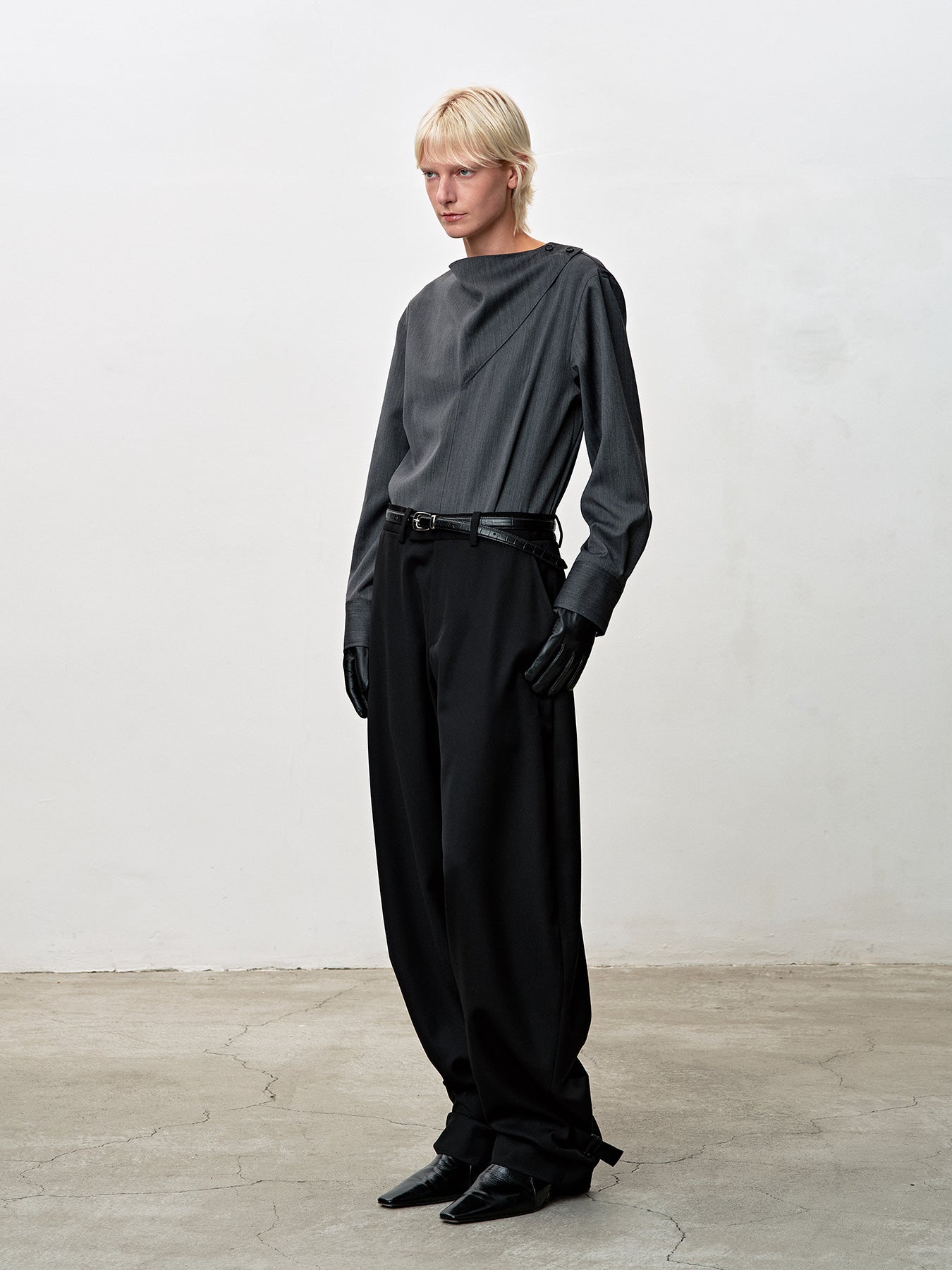 Tonywack - Herringbone Wool Cowl-Neck Blouse (Mid-Grey Herringbone) product image 2 | TRAB K-Fashion Australia