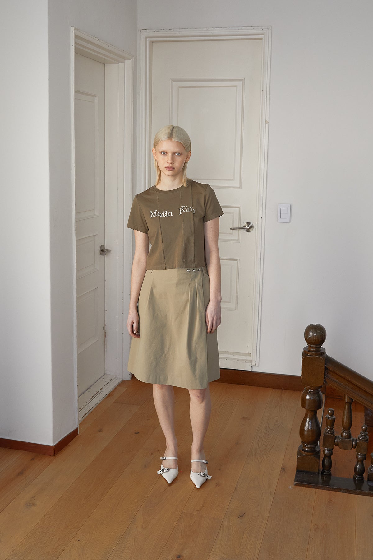 Matin Kim - Unbalance Typo Logo Crop Top (Khaki) product image 9 | TRAB K-Fashion Australia