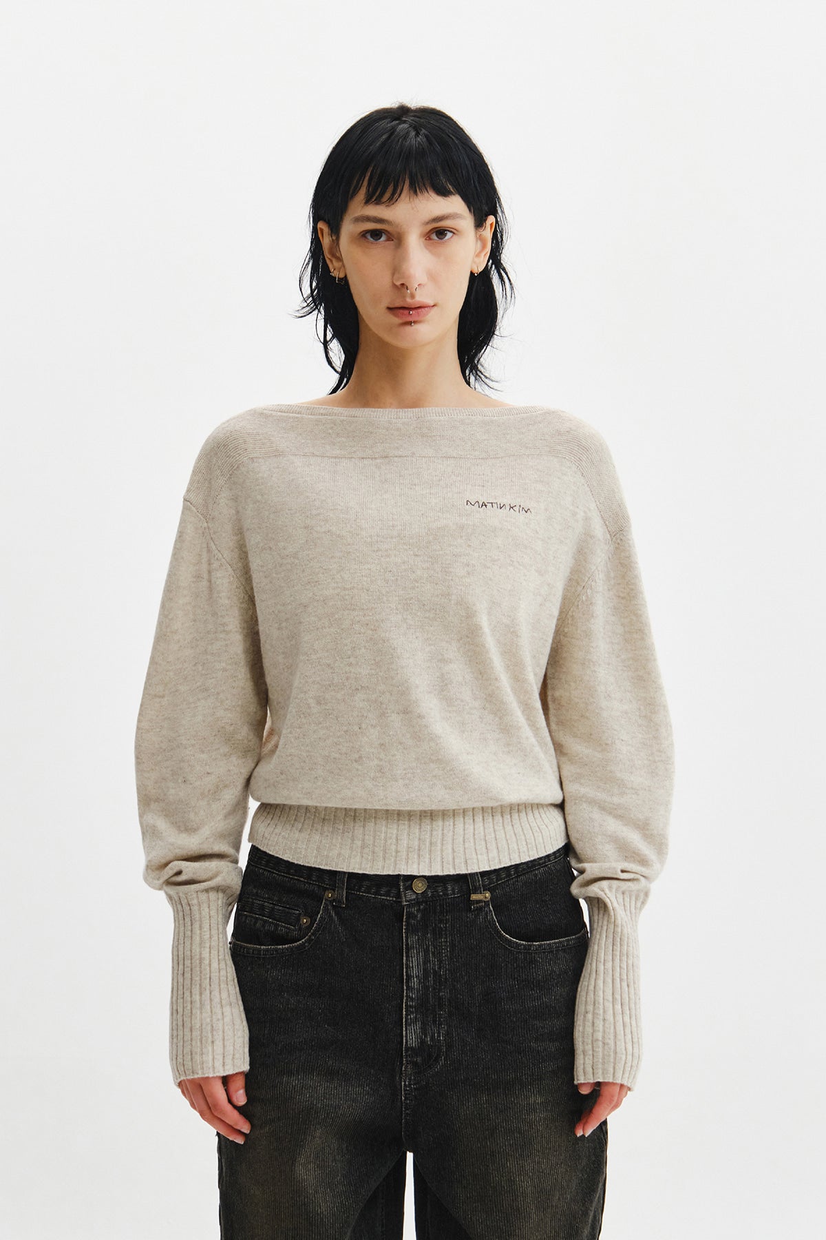 Matin Kim - Boat Neck Volume Sleeve Knit Pullover (Light Beige) product image 6 | TRAB K-Fashion Australia