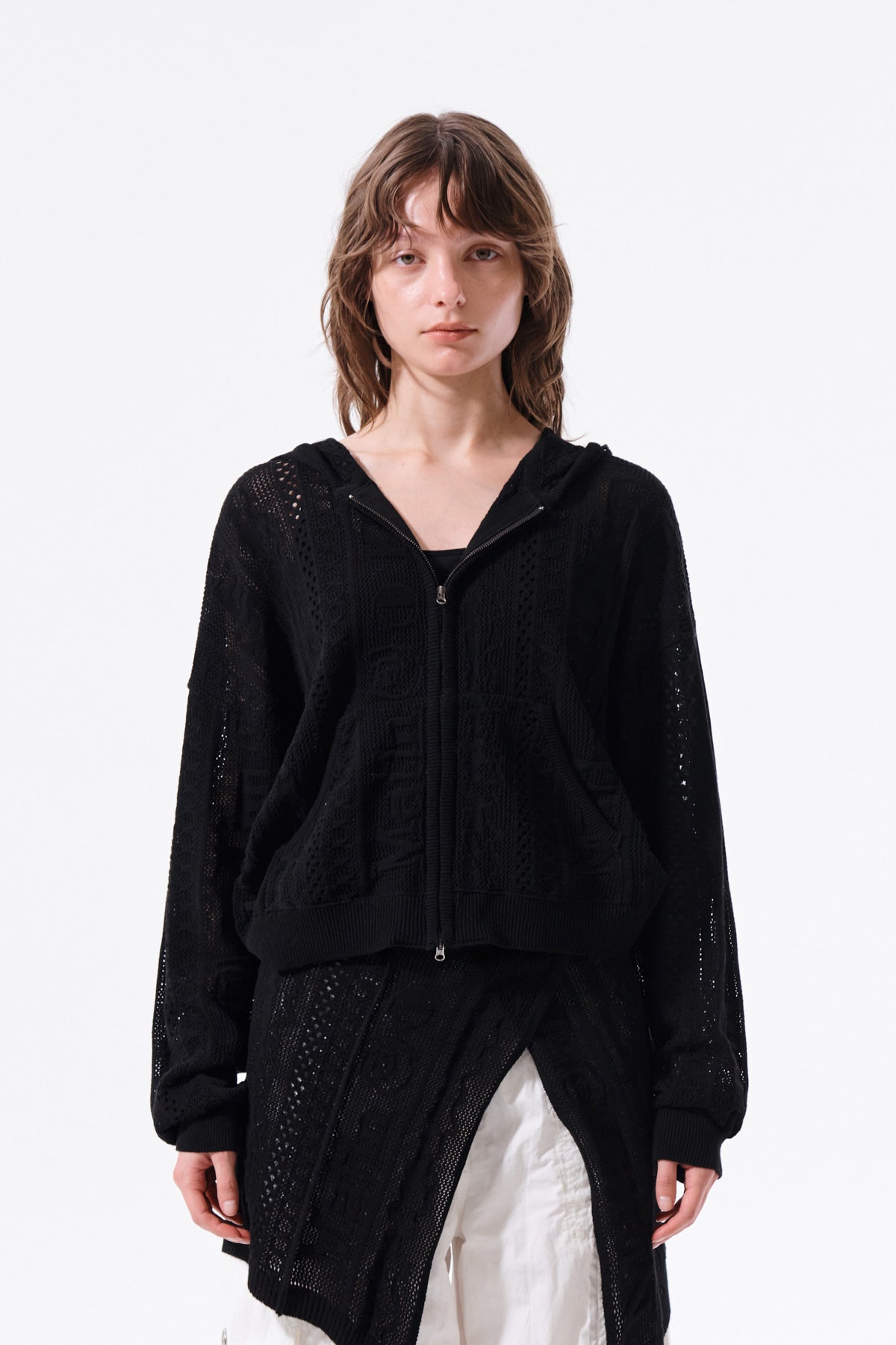Matin Kim - Mesh Logo Knit Hoody Zip Up (Black) product image 6 | TRAB K-Fashion Australia
