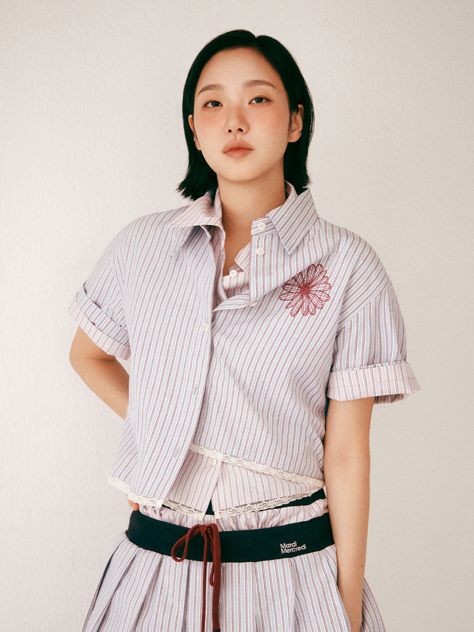 Mardi Mercredi - Cotton Cropped Shirt Half Sleeve Stripe (Blue) product image 1 | TRAB K-Fashion Australia