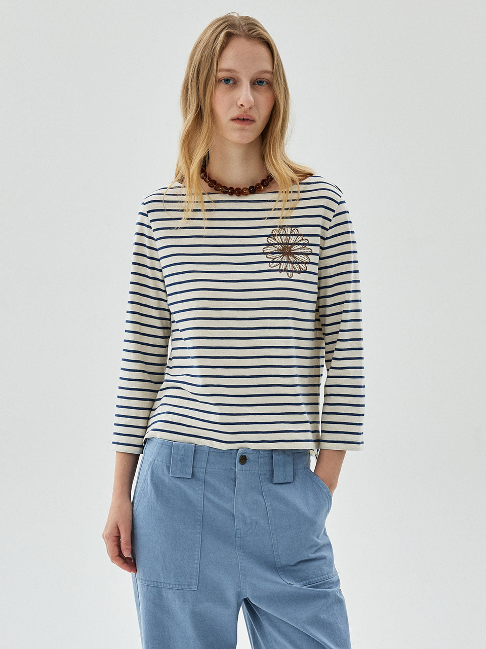 Mardi Mercredi - [Pre-Order – Ships October 9] Slub Cotton Slim Tshirt 3/4 Sleeve Stripe Flower (Blue Brown) product image 1 | TRAB K-Fashion Australia
