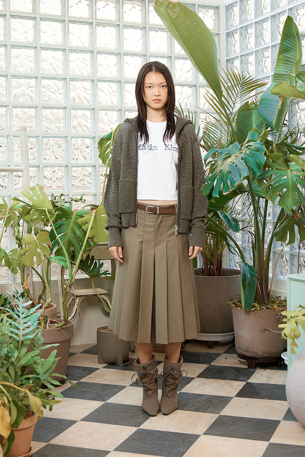 Matin Kim - Two Tone Mesh Knit Hoody Zip Up (Khaki) product image 19 | TRAB K-Fashion Australia