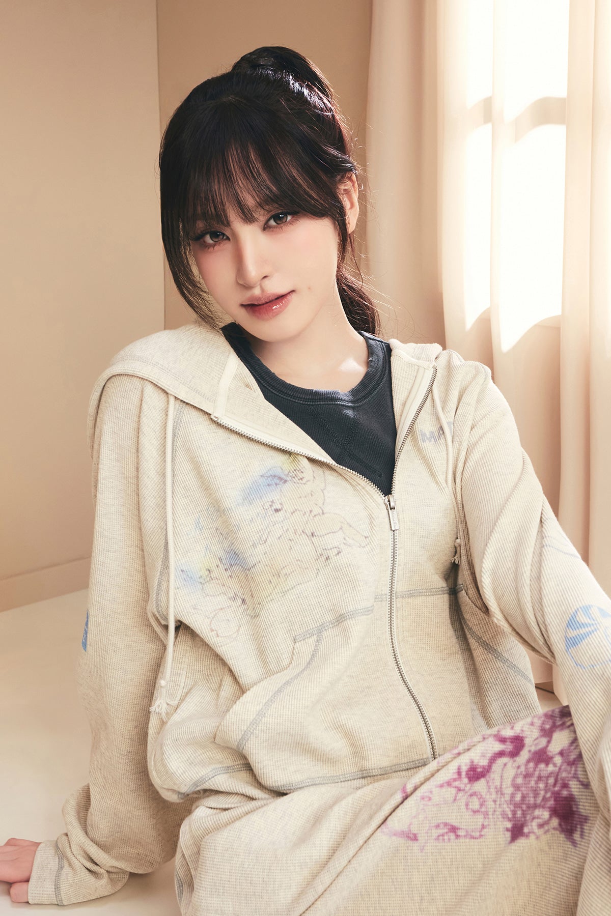 Matin Kim - Sketch Graffiti Waffle Hoody Zip Up (Light Beige) product image 1 | TRAB K-Fashion Australia