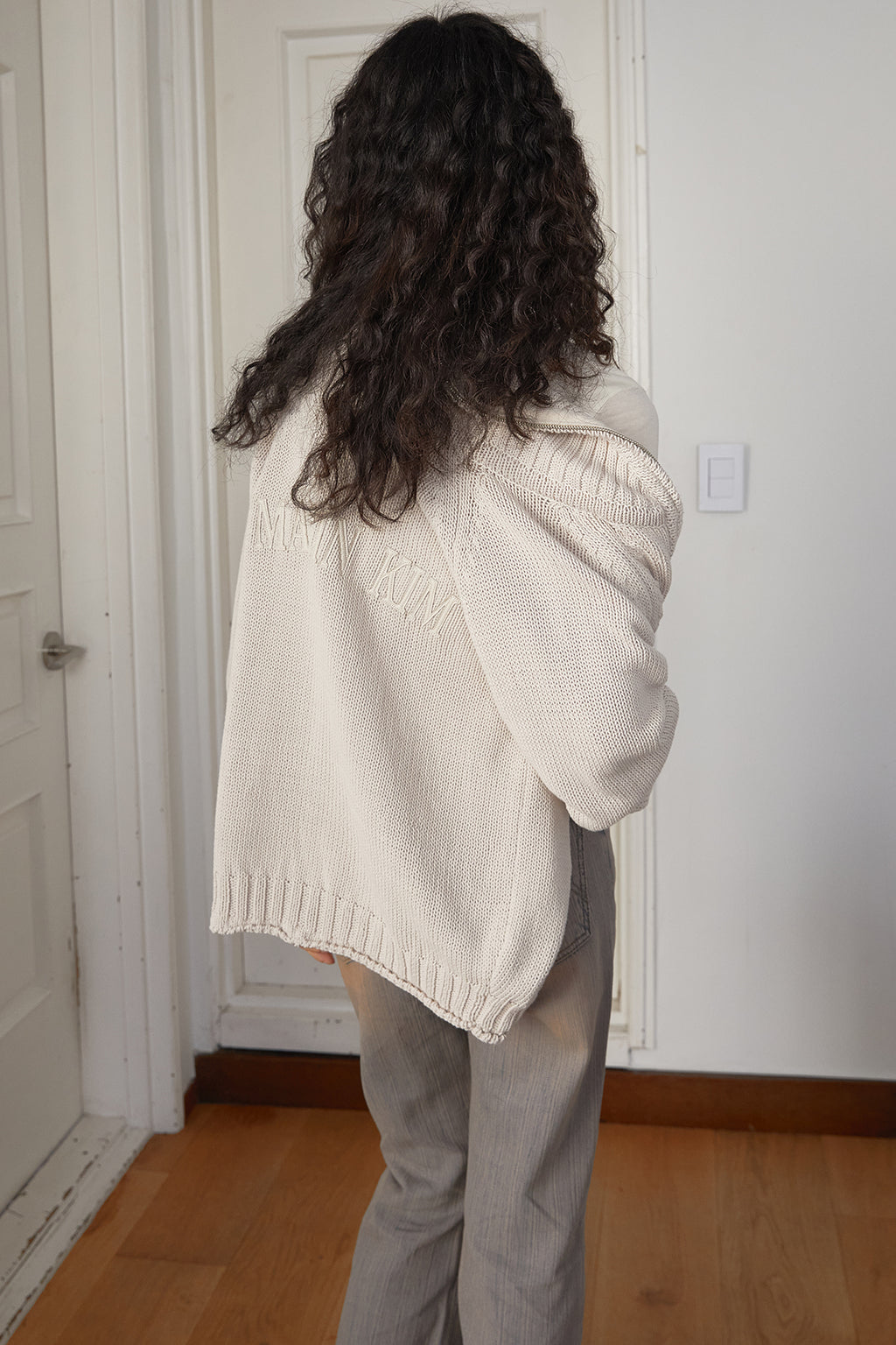 Matin Kim - Applique Logo Patch Knit Zip Up (Light Beige) product image 14 | TRAB K-Fashion Australia