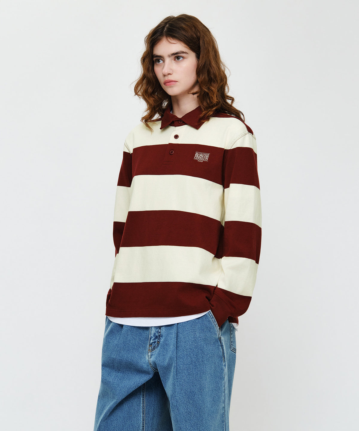 Marithe & Francois Girbaud - Small Classic Logo Rugby Collar Long Sleeve Tee (Burgundy) product image 2 | TRAB K-Fashion Australia