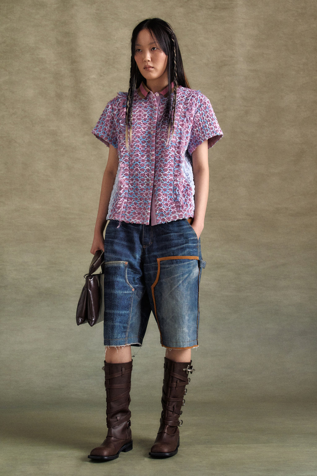 Andersson Bell - Unisex Denim Trompe L`oeil Double Knee Shorts (Blue) product image 3 | TRAB K-Fashion Australia