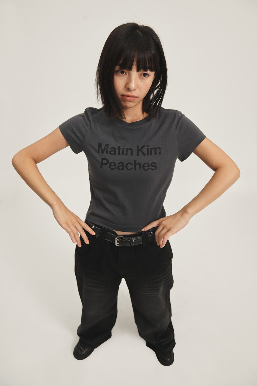 Matin Kim - Peaches Logo Graphic Crop Top (Charcoal) product image 1 | TRAB K-Fashion Australia