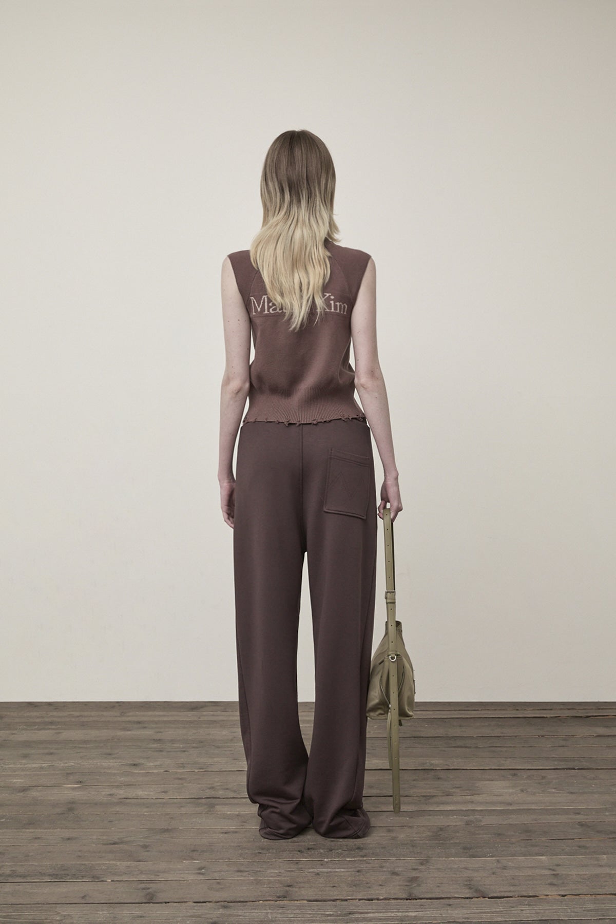 Matin Kim - High Neck Logo Knit Zip Up Vest (Brown) product image 8 | TRAB K-Fashion Australia
