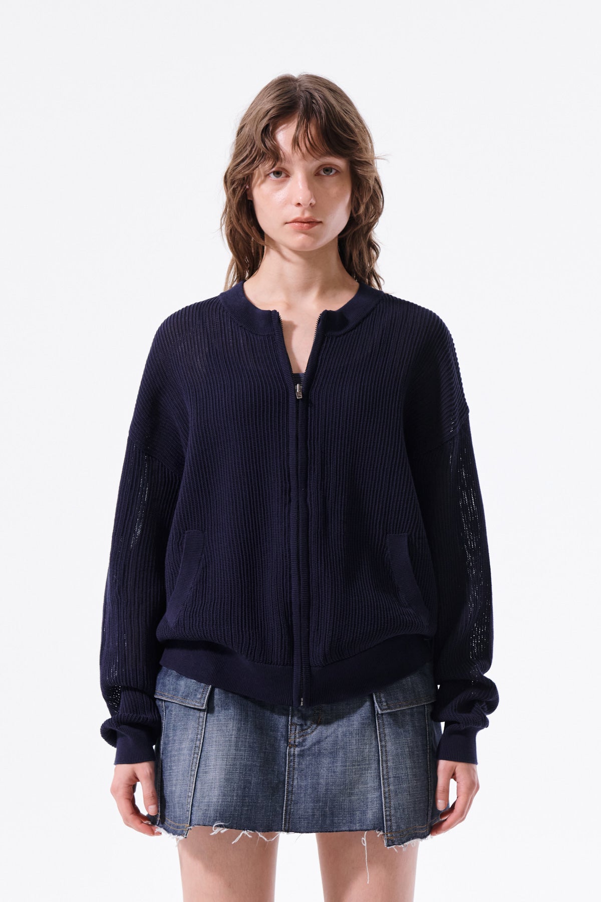 Matin Kim - Back Logo Jacquard Mesh Knit Zip Up (Navy) product image 7 | TRAB K-Fashion Australia