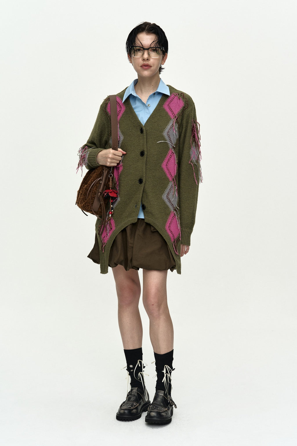 Andersson Bell - Gartered Argyle Cardigan (Khaki) product image 1 | TRAB K-Fashion Australia