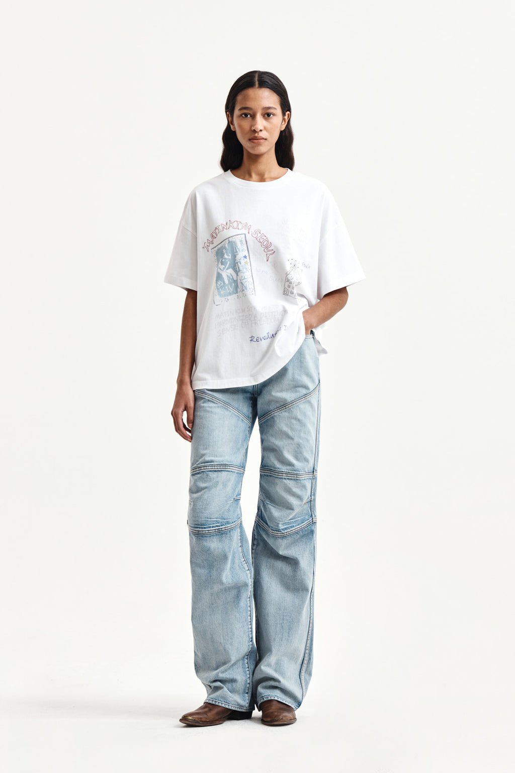 Matin Kim - Panel Semi Wide Denim Pants (Light Blue) product image 9 | TRAB K-Fashion Australia