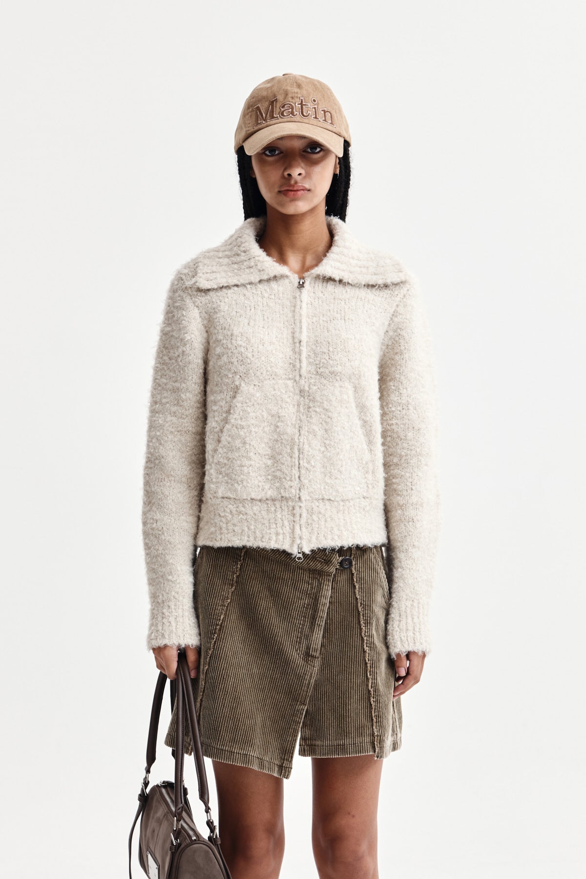 Matin Kim - Boucle Knit Zip Up Cardigan (Light Beige) product image 1 | TRAB K-Fashion Australia