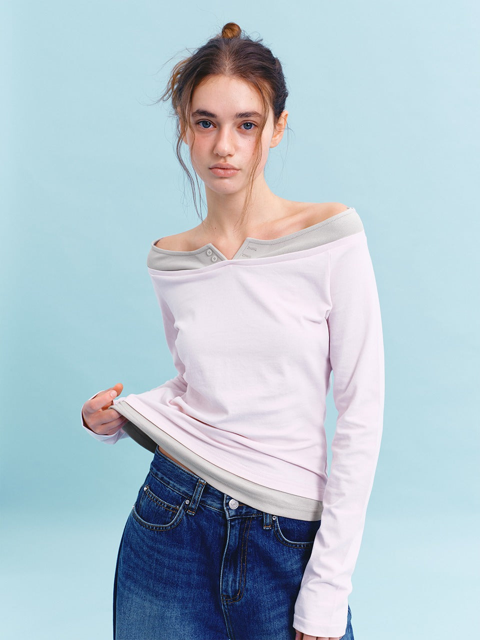 Margarin Fingers - Off-Shoulder Layered T-Shirt (Light Pink) product image 1 | TRAB K-Fashion Australia