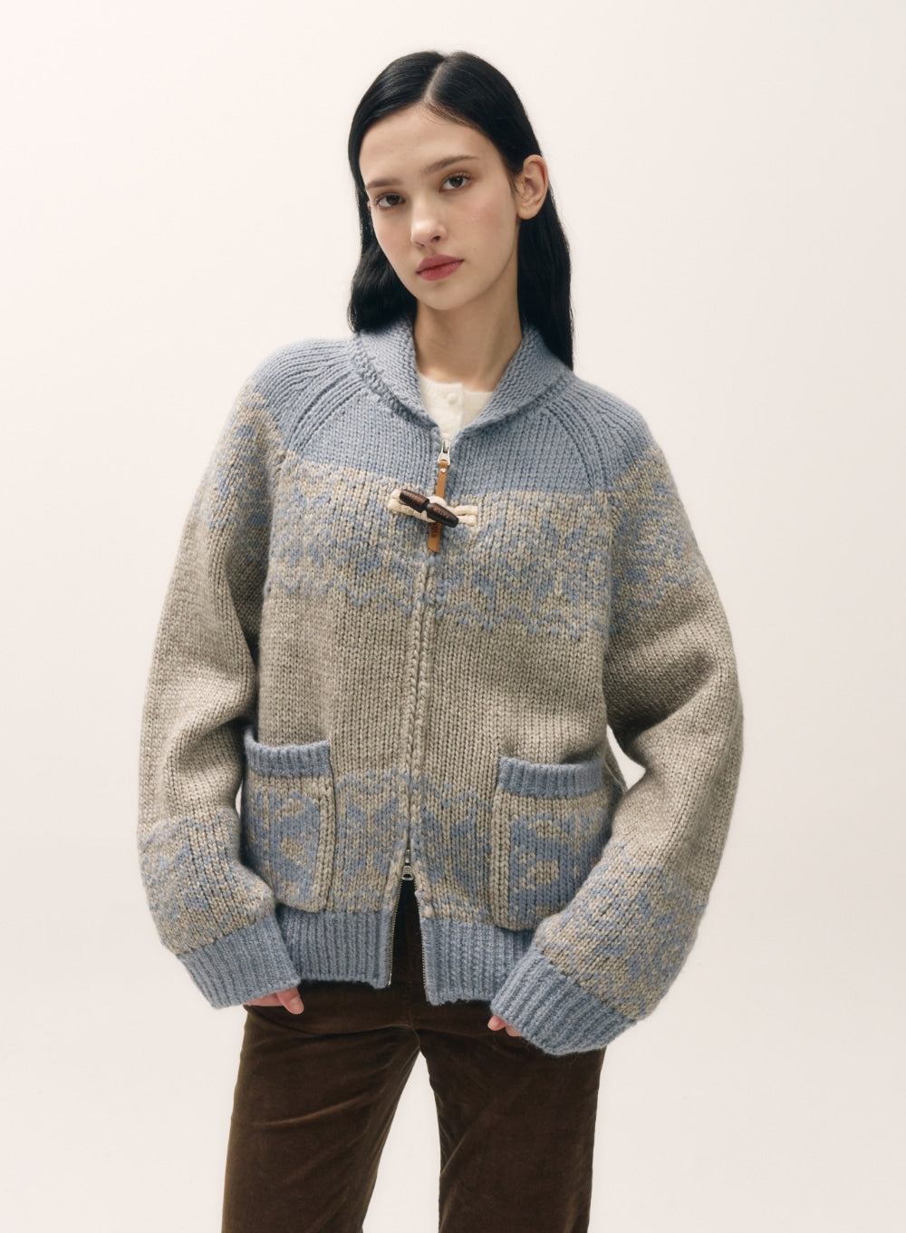 Satur - (W) Cowichan Knit Zip-up Cardigan (Sky Blue) product image 2 | TRAB K-Fashion Australia