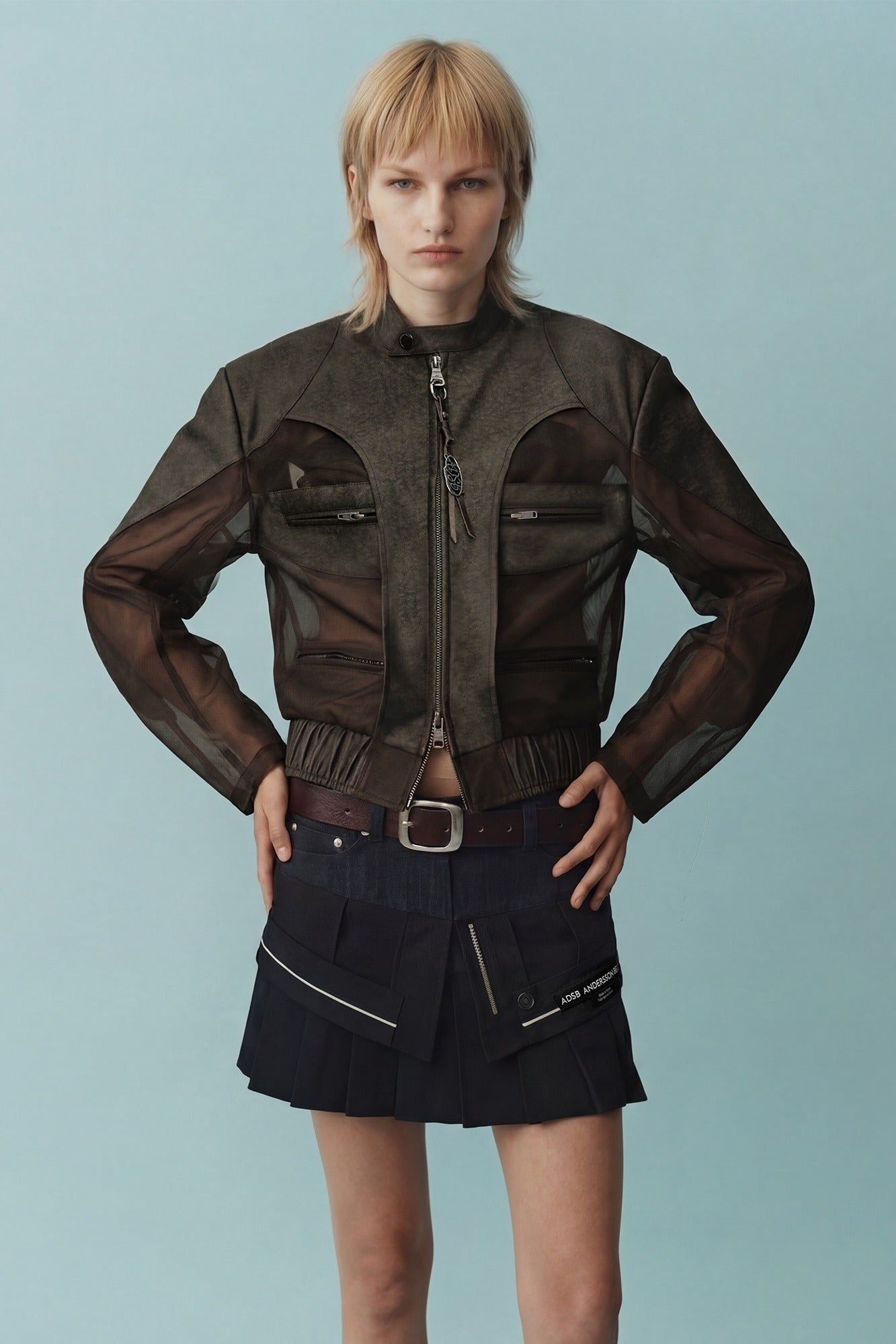 Andersson Bell - Kelly Faux-Leather & Sheer Rider Jacket (Khaki) product image 1 | TRAB K-Fashion Australia
